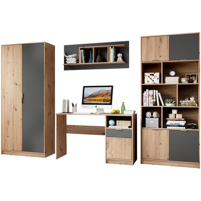 Jugendzimmer-Set BEGABINO "Karla Kleiderschrank, Schreibtisch, Hängeregal, Standregal", grau (artisan eiche, graphit), Schlafzimmermöbel-Sets, wahlw. mit Bett, anstelle des Tisches bestellbar, Artikelnr. 20676915