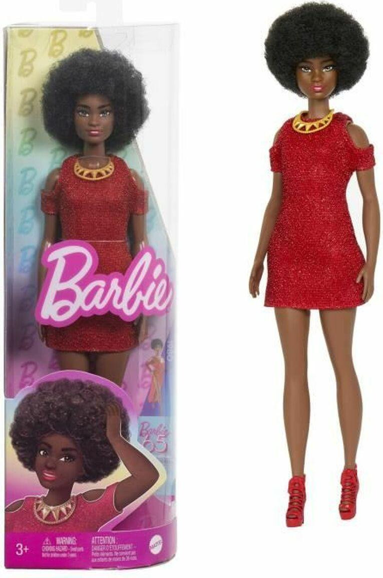 Barbie Fashionistas pop #221 met zwart haar, rode jurk en accessoires