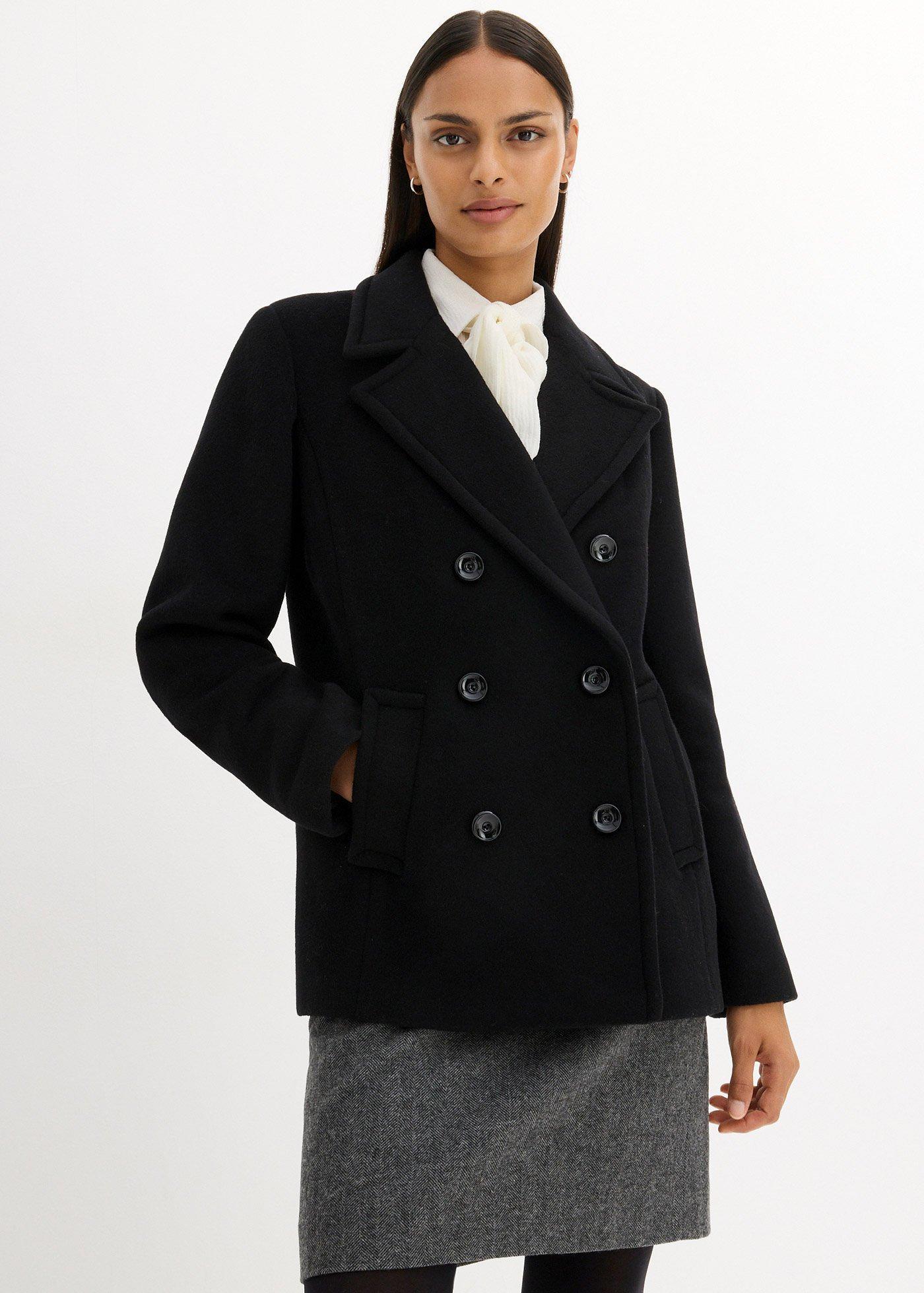 bonprix Cabanjacke aus Wolle, schwarz, Gr.40, moderne Cabanjacke aus wärmendem Wollmix in Premium Qualität, aus Wolle