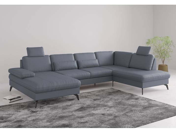 Wohnlandschaft, Graublau, 335x212 cm, Naturleder, Armteilverstellung, Modern, SIT & MORE