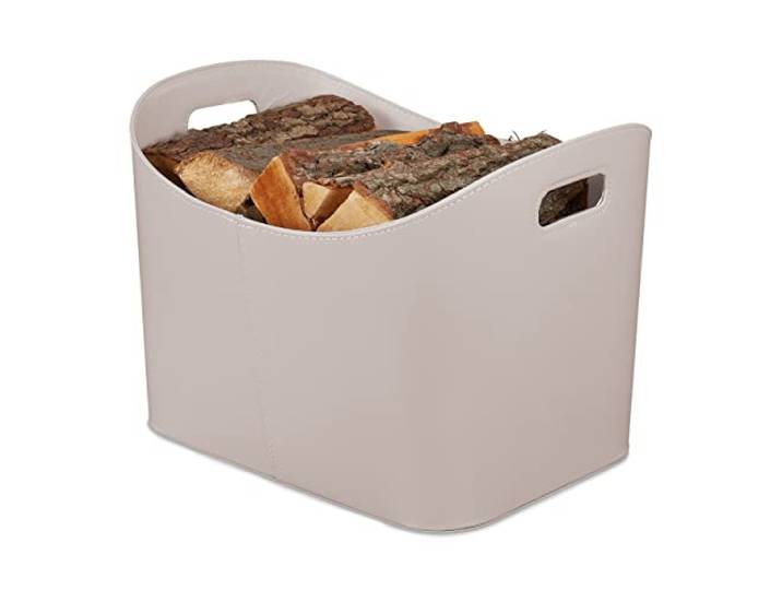 Relaxdays Holzkorb Kunstleder XL, 58 L, 36 x 53,5 x 41 cm, hellgrau stabiler Feuerholzkorb mit Tragegriffen, Brenn- und Kaminholz, Allzweckkorb