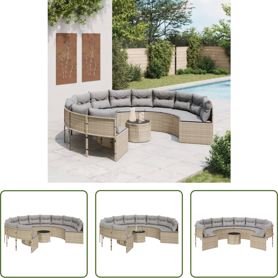The Living Store Gartensofa mit Tisch und Kissen Rund Beige Poly-Rattan