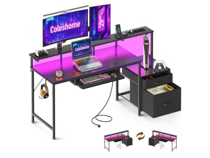 Bureau Gaming avec LED et Tiroirs en Tissu Coleshome Bureau Gamer avec Rangement et Prises 140x48cm Noir