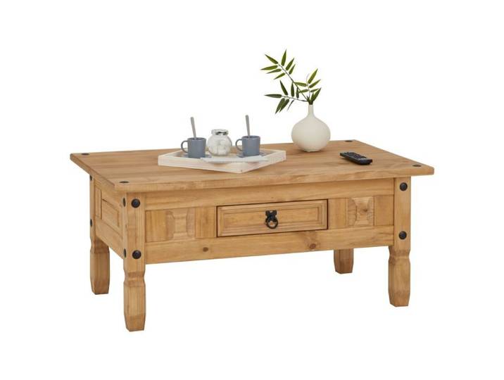 Table basse de salon SALSA rectangulaire en bois style mexicain avec 1 tiroir en pin massif finition teintée/cirée