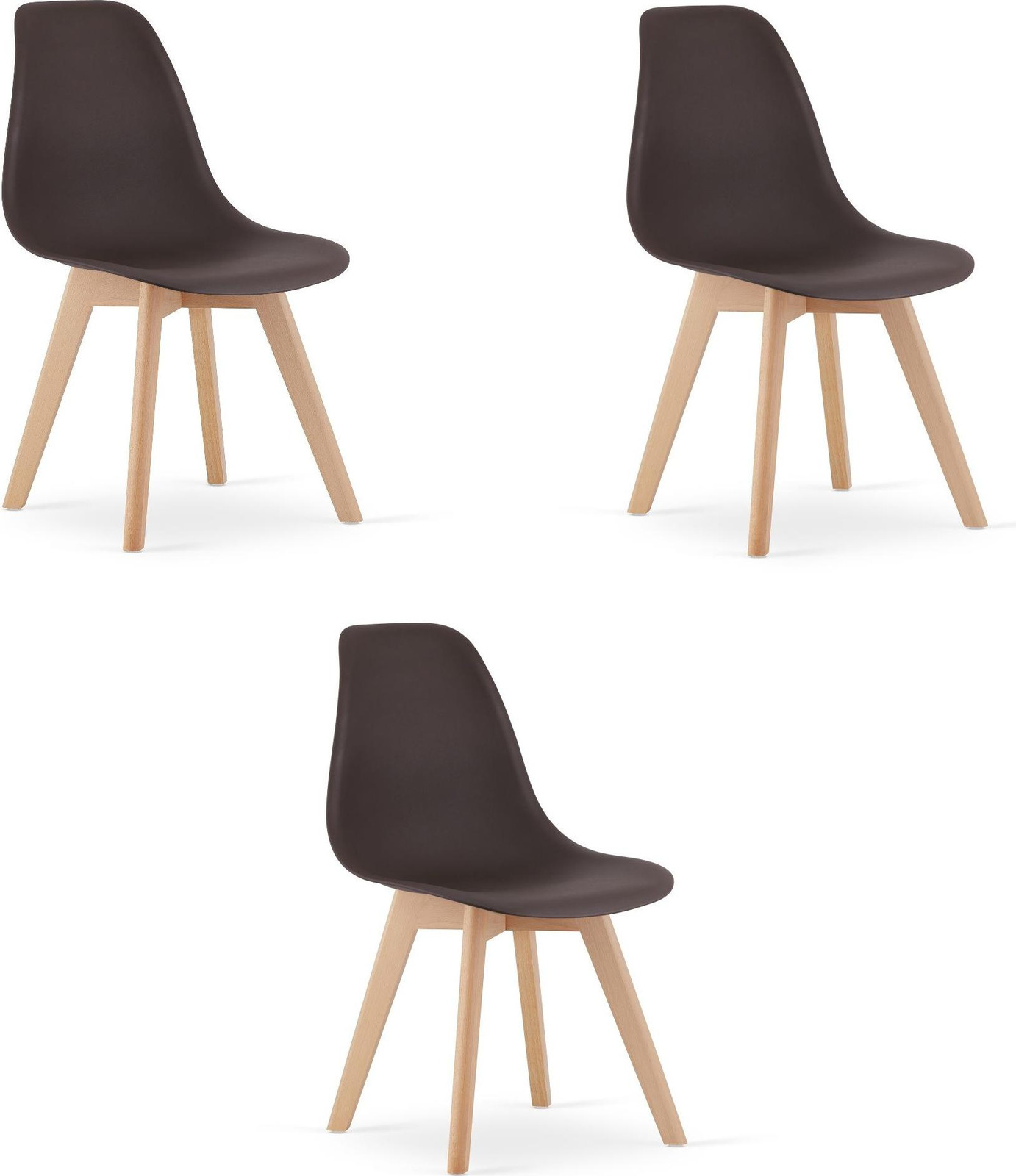 Set van 3 Leobert Kito stoelen, koffiekleur met natuurlijke poten