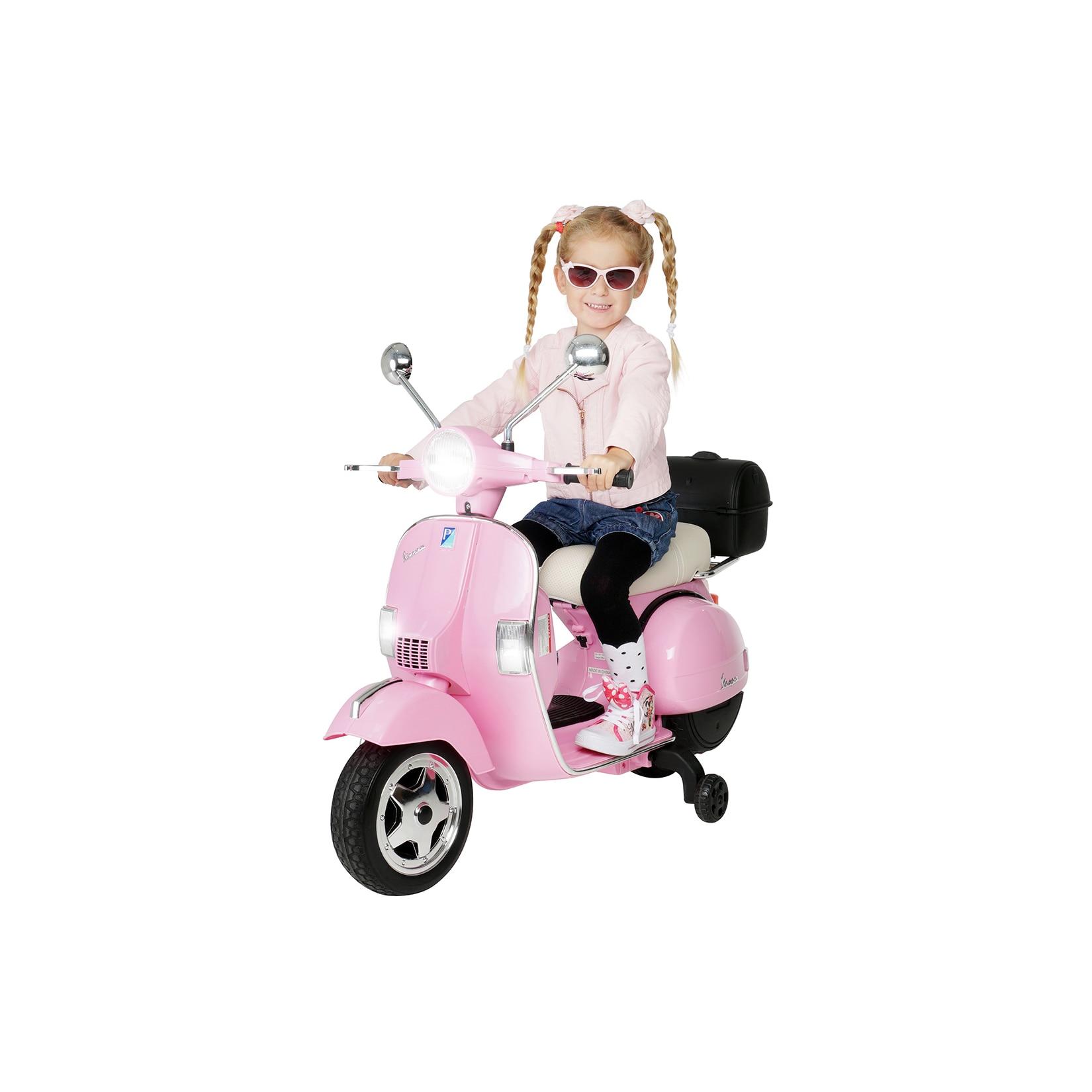 Kinder-Elektroroller Vespa, lizenziert, EVA-Reifen, LED-Scheinwerfer, Koffer, Soundmodul, Stützräder (Pink)