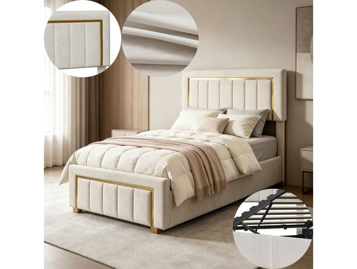 Lit 90x200 avec sommier et tete de lit rembourrée lit coffre 90x200 avec coffre de lit cadre en métal doré tissu velours beige