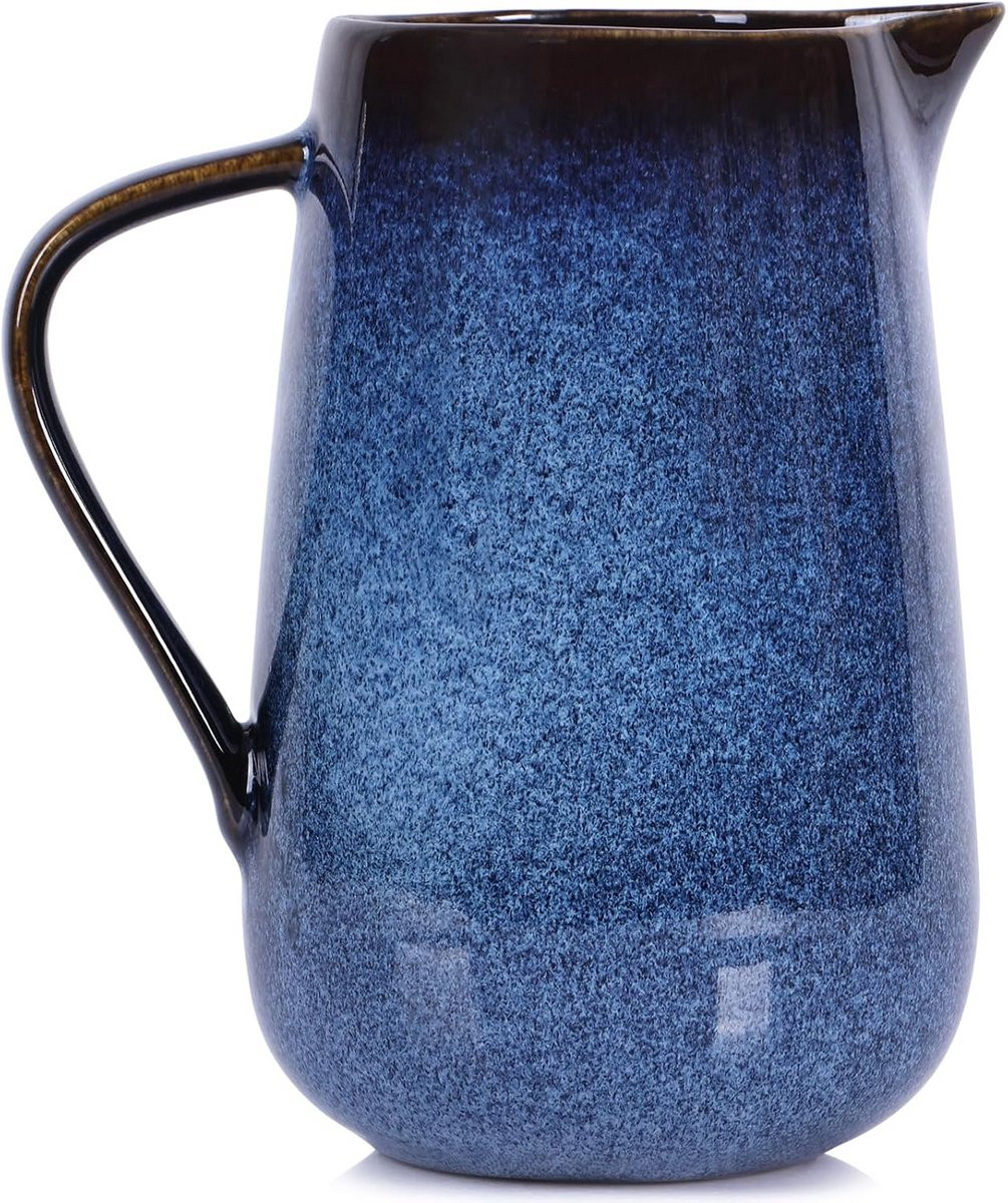 Grote Blauwe Keramische Kan Vaas met Handvatten - Rustieke Woondecoratie