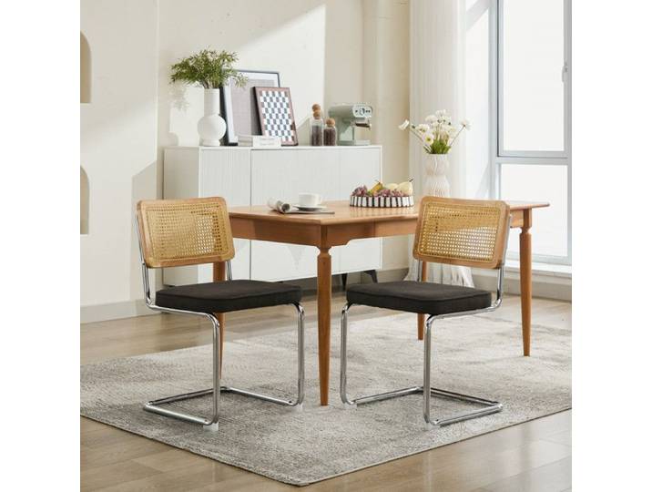 NuvlaGu - Lot de 2 Chaises de salle à manger - Dossier en rotin - Coussins d'assise en velours structure en métal - Marron