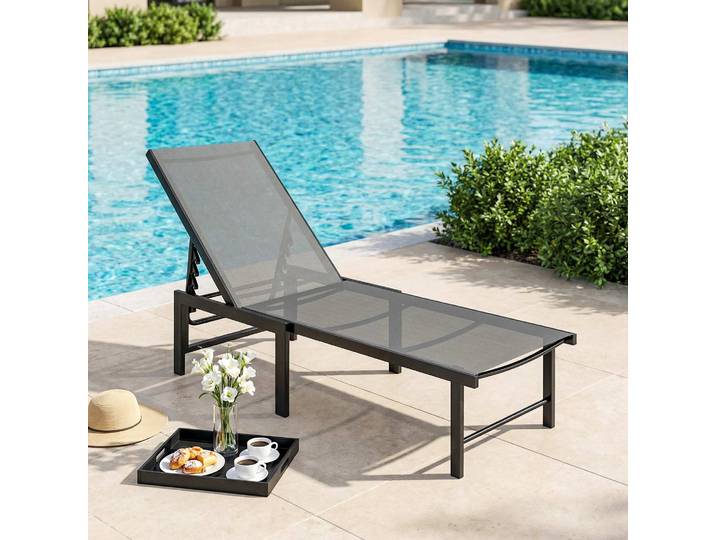 Outsunny Chaise Longue Extérieur 5 Positions Textilène Gris