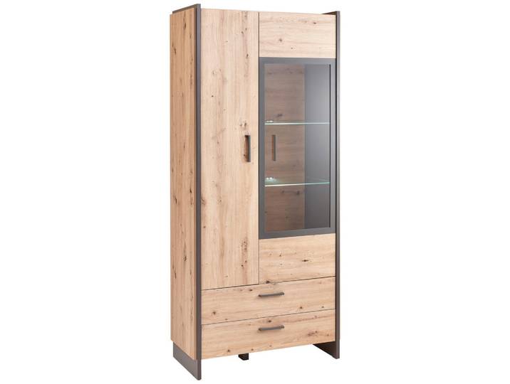 Hom`in Vitrine, Eiche Artisan, Glas, 8 Fächer, 2 Schublade(n) Schubladen, 92x205x41 cm, Beimöbel erhältlich, Wohnzimmer, Wohnwände, Vitrinenschränke
