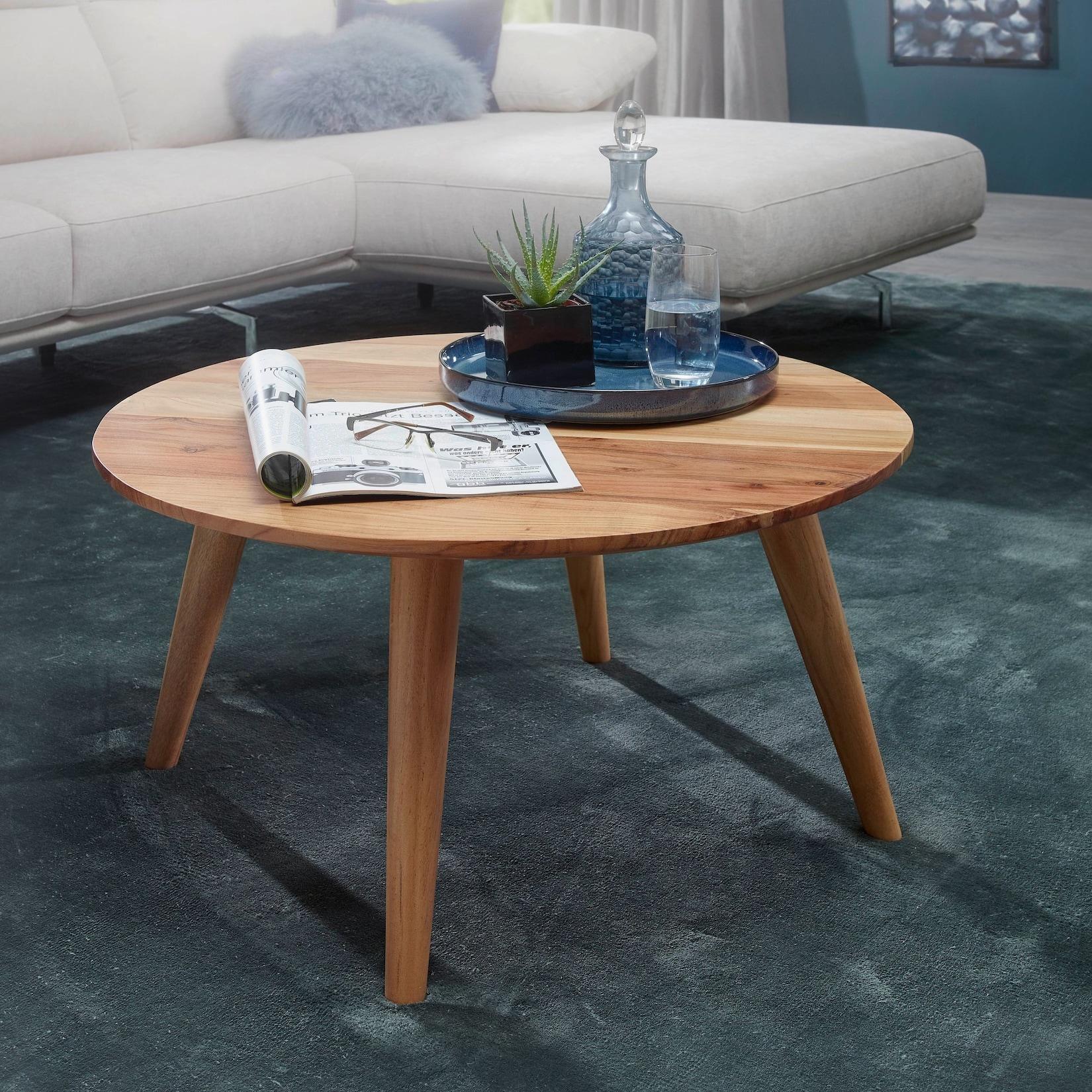 FineBuy Couchtisch Akazie Massiv rund 75 cm Wohnzimmertisch skandinavisch Retro