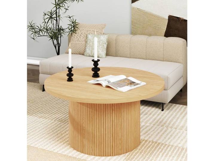 COVREO Table basse ronde 90 cm aspect bois naturel plateau MDF et piètement cylindrique rainuré