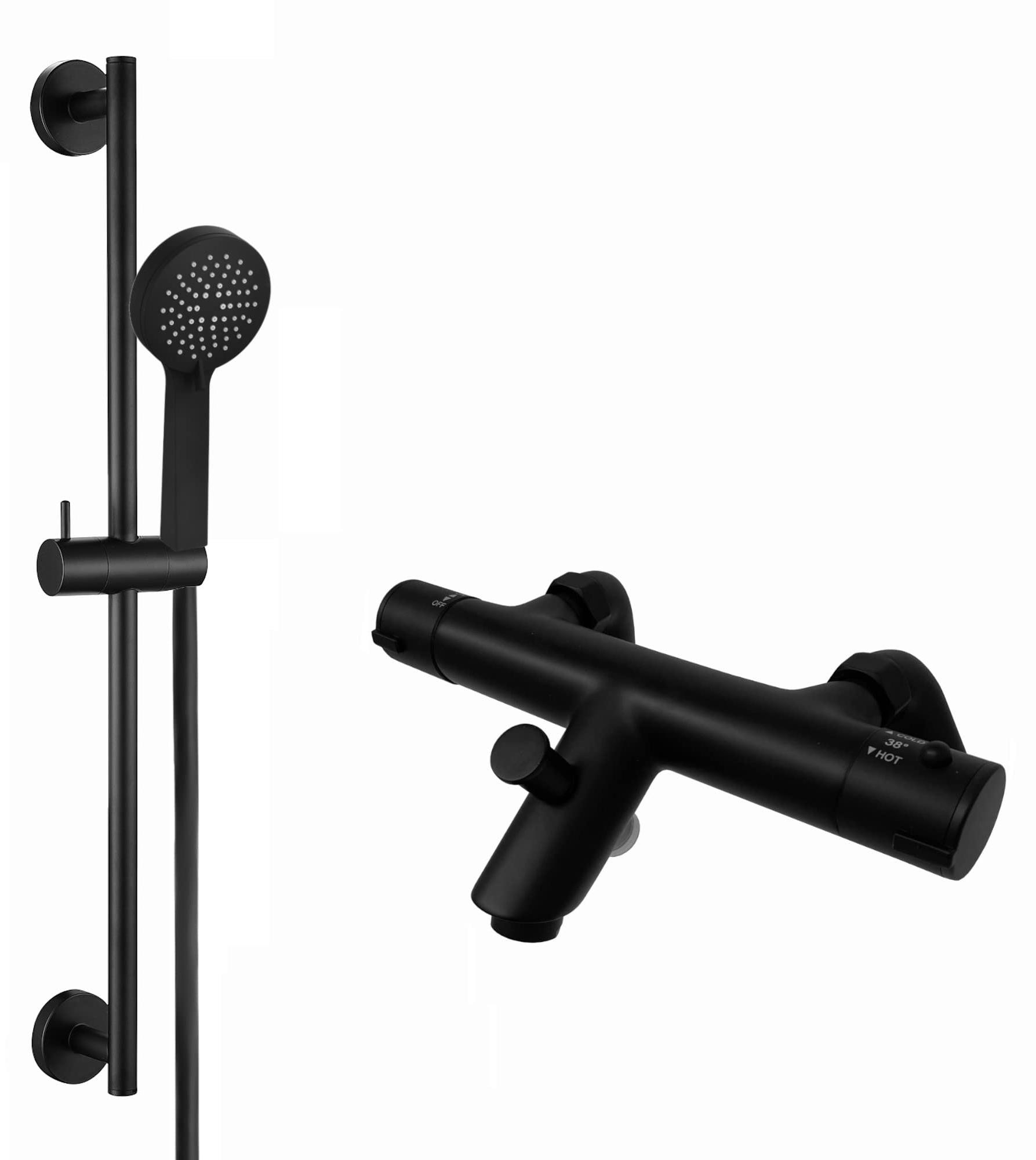 Thermostatische Badmengkraan mit Duschkopf, Schlauch, Rail, Messing, Schwarz