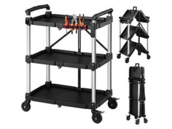 VEVOR Servicewagen Werkstattwagen aus ABS Klappbar 790x500x1050mm Schwarz, Rollwagen mit 136kg Tragkraft, Inkl. 3 Ebene 4 Rollen & Handgriffen, Feststellbar, Allzweckwagen für Garage Lager Werkstatt