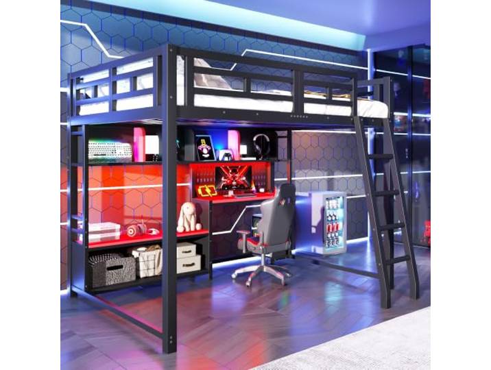 Merax Hochbett 140x200 cm, Metall, Schreibtisch, Regal, LED, Schwarz Roter Desktop Metallbett mit Schutzgeländer und Stauraum – platzsparende Kombination aus Liegefläche,Arbeitsplatz und Ablage