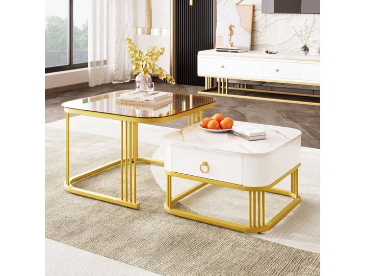 Table basse empilable - Ensemble de deux pièces - Plateau en marbre haute brillance - Plateau en verre brun thé