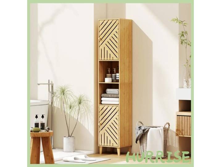 Cocosity Armoire Salle De Bain Meuble De Rangement Colonne Portes En Bambou Étagères Réglables 32X30X170Cm Bois Naturel