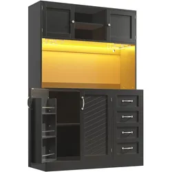 MODFU Buffetschrank MDF Schwarz 120x40x188 cm mit LED-Beleuchtung, 4 Türen, 2 Schubladen und Getränkehaltern