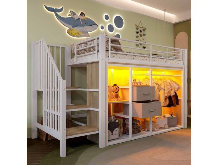 Lit mezzanine 1 place 90x200 lit mezzanine enfant avec 2 tiroirs lit mezzanine adulte avec LED et penderie ouverte métal blanc
