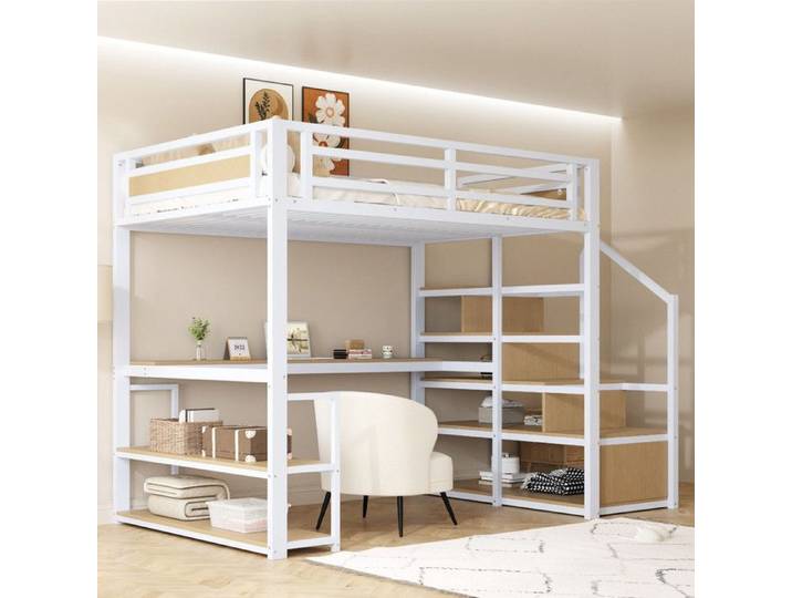 Lit mezzanine en métal 140x200 avec échelle de rangement Lit mezzanine adulte avec étagères et table lit surélevé enfant Blanc
