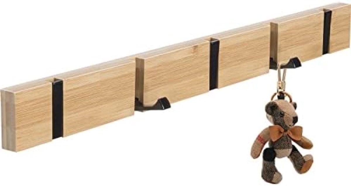 PromoHome Opvouwbare Wandkapstok met 5 Inklapbare Haken - Natuurlijk Hout