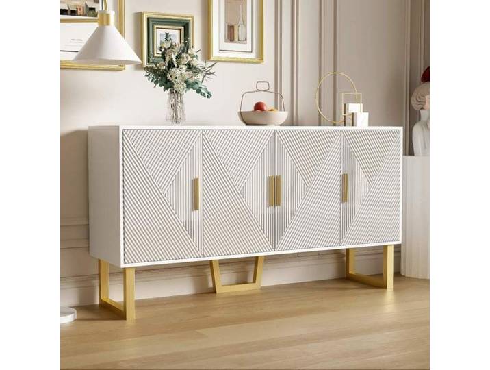 Buffet 4 portes avec étagères réglables façade brillante texturée MDF blanc 150x40x82 cm