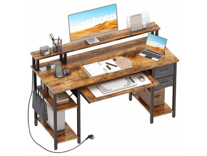 Bureau Gaming avec Tablette pour Clavier Petit Bureau d'ordinateur avec Prise électrique 2 tiroirs et étagères - Modele 4