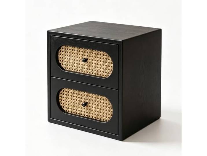 Moderner Nachttisch aus Rattan 2 Schubladen Nachttisch aus Holz Dekorativ Massivholz Standausführung Runde Griffe Schlicht Für Schlafzimmer und Wohnzimmer(Black,45cm/18in)