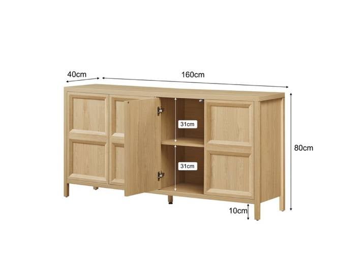 Buffet moderne - 160x40x80 cm - Chêne clair - Ouverture Tip-On - Charnières Soft-Close