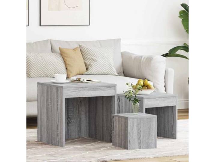HKGNMBS Stapelbare Beistelltische 3 Stück Sonoma Grau aus mehrschichtigem Steckdesign, 3 Größen, Verwendung im Wohnzimmer oder Schlafzimmer, glatte Oberfläche, einfache Reinigung