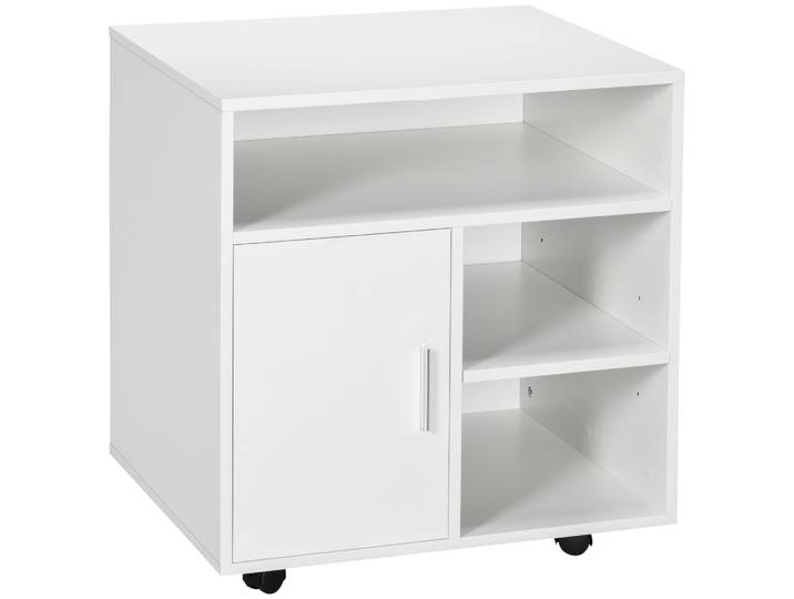 HOMCOM Support d'imprimante organiseur bureau caisson placard porte 3 niches + grand plateau panneaux particules blanc