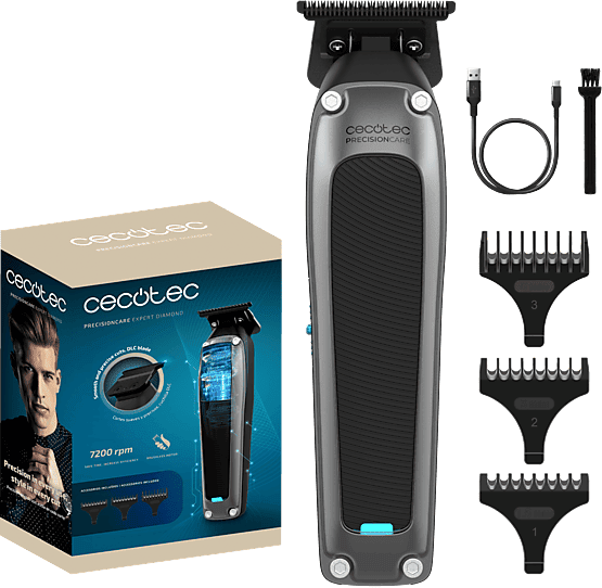 Barbero - Cecotec PrecisionCare Expert Diamond, Motor brushless, 7200 rpm, Cuchilla DLC de diamante negro, Peines guía 1,5/3/6 mm, Negro