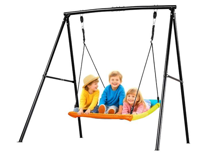 Balançoire de jardin VEVOR avec structure métallique en A\, siège de balançoire (150 x 81 cm)\, capacité de charge jusqu'à 199\,6 kg\, ensemble de balançoire d'extérieur\, renforcé par des ancrages au sol en spirale\, balançoire pour enfants aux couleurs vives