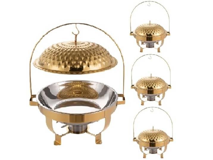 Chafing Dishes for Buffet, 4er-Set, Edelstahl Speisenwärmer Runder Buffet-Chafer-Essherd mit goldenem Hängedeckel