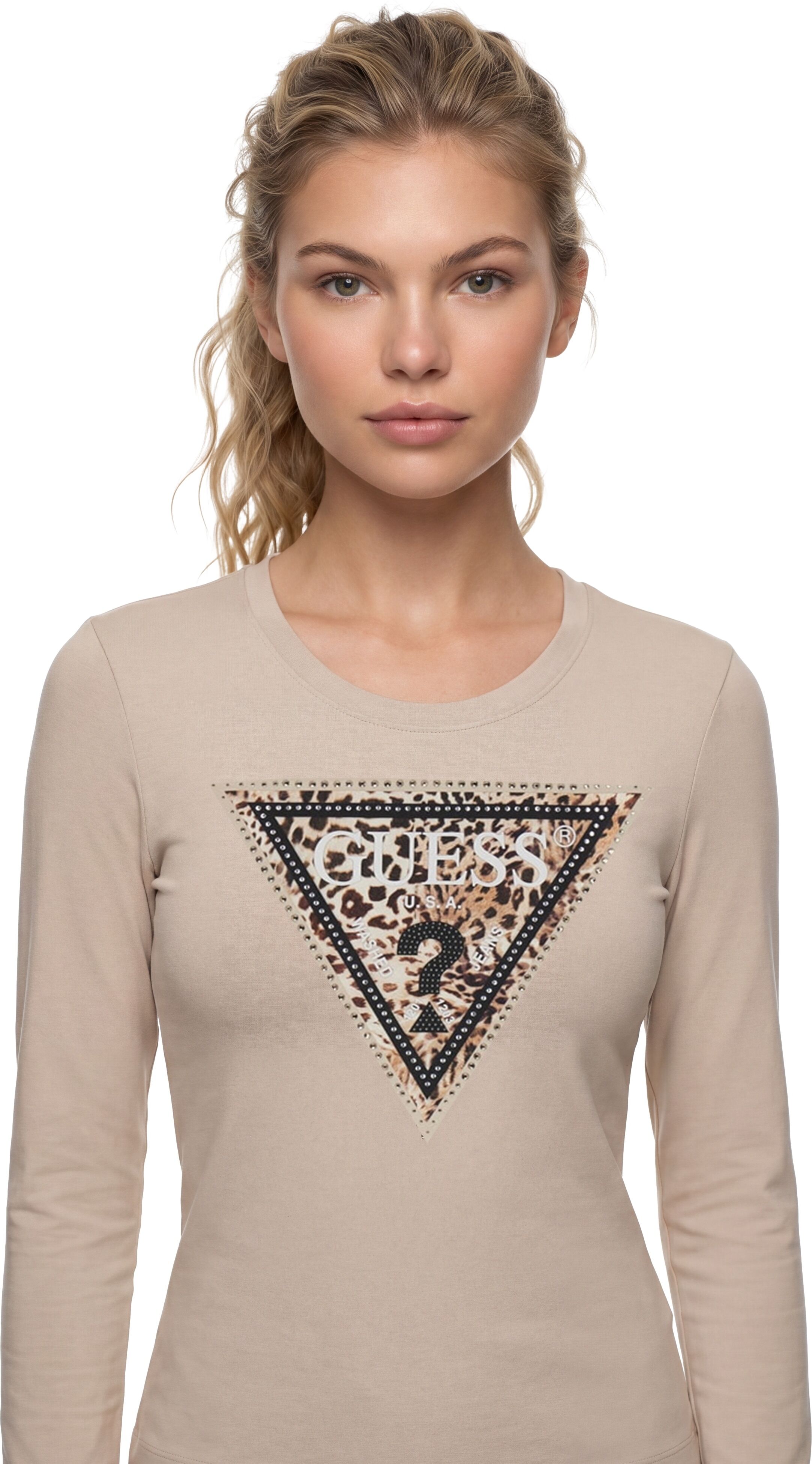 Langarmshirt GUESS "LS CN SAVANNA LEOPARD TRIANGLE", Damen, Gr. XXL, prosecco, Single Jersey, Obermaterial: 95% Baumwolle, 5% Elasthan, bedruckt, slim fit hüftlang, Rundhals, abgesteppte Kante, Shirts Langarmshirt, mit markantem Logodesign, Slim Fit prose