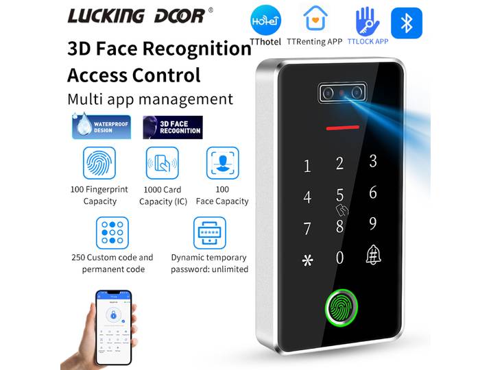 Smart Lock-Clavier de contrôle d'accès à empreintes digitales et héros de visage, lecteur de carte IC RFID, TTlock TTHotel TTRenting, plate-forme multiple