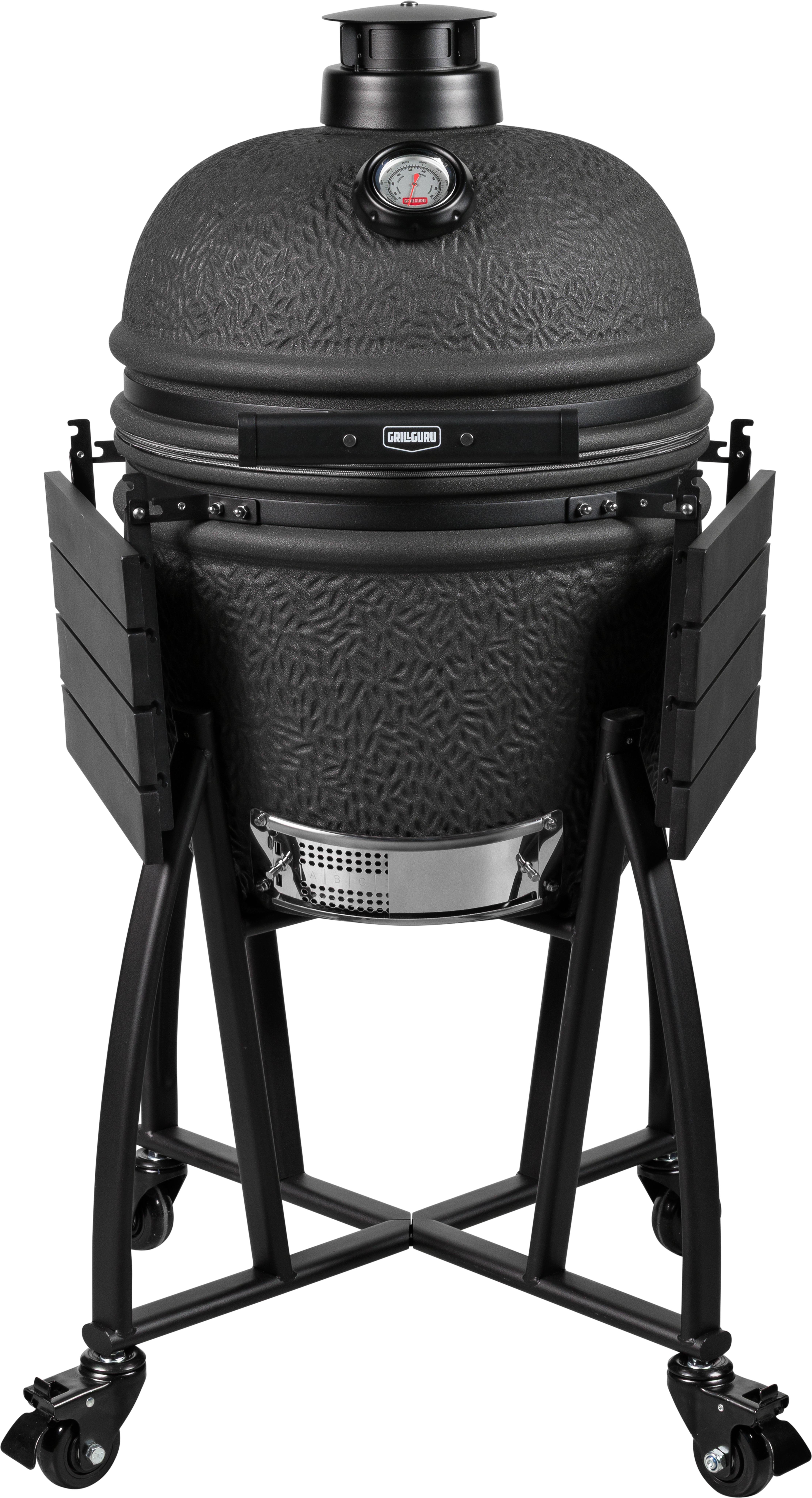 GRILL GURU Prime Matt Black Kamado Medium Holzkohlegrill 41 cm mit 2 Rosthöhen, Keramikgehäuse, Thermometer & 4 Rollen