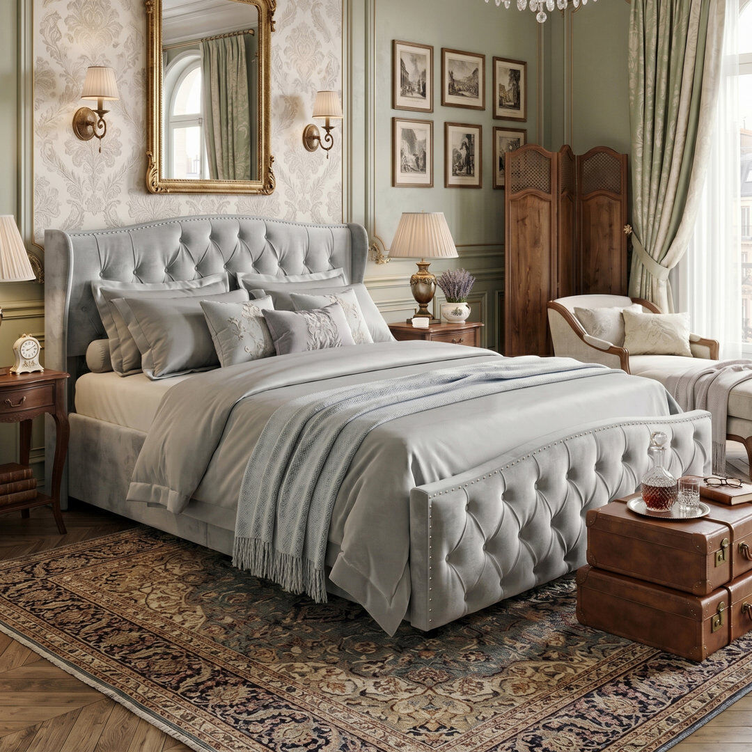 Fairmont Park UK & EU Sizes Velvet Ottoman Bed Frame with Hydraulic Gas Lift Storage, Diamond Tufted Wave Wingback Upholstered Platform Bed with Nailhead Trim, Grey Grey Double (4'6)