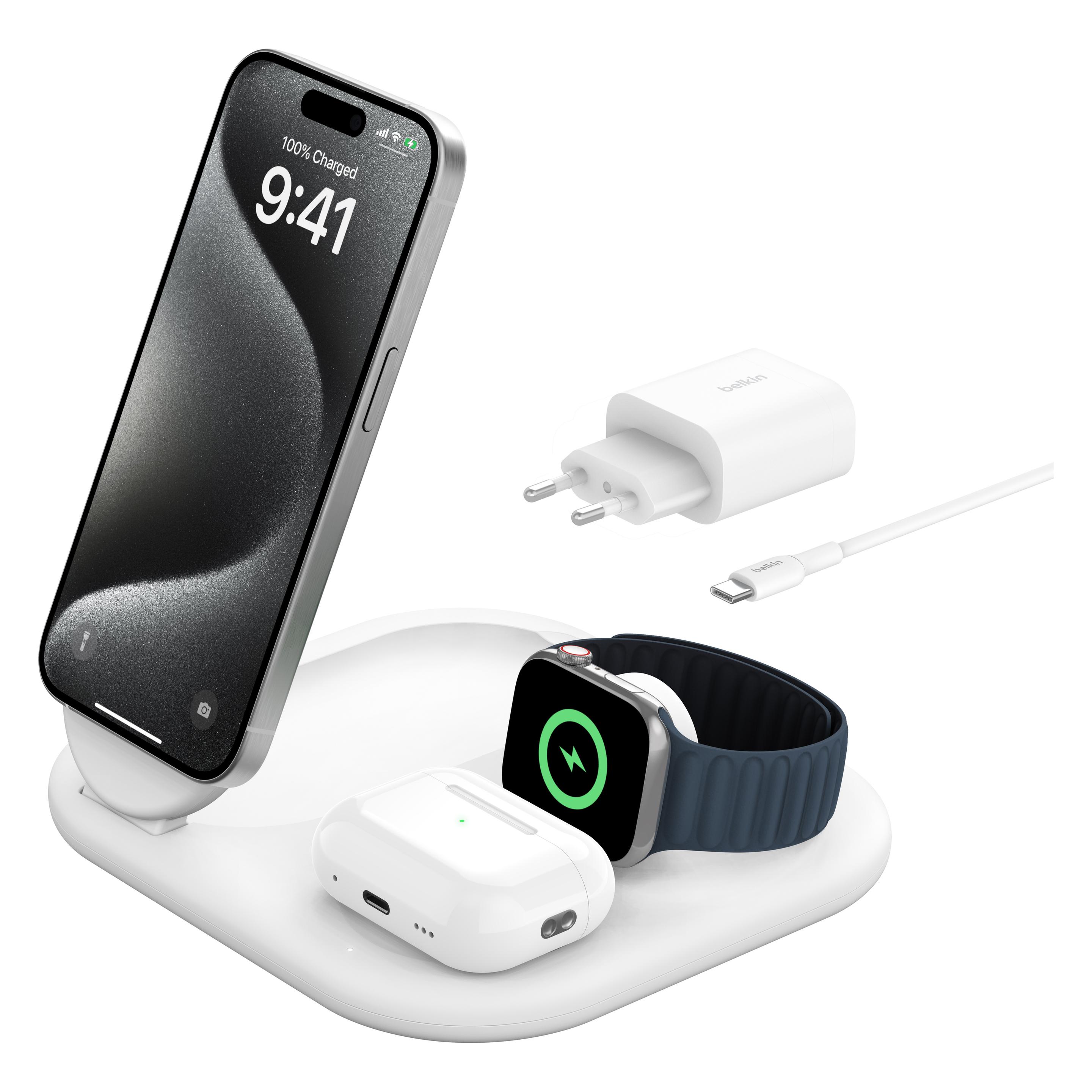 Belkin BoostCharge 3-in-1 Qi2 Ladestation (15 W) (WIZ029VFWH)