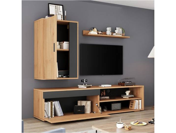 Ensemble meuble TV mural 3 pièces 140 x 35 x 39 cm chêne et noir panneau de particules soft close