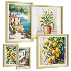 BILDER SET 5er Set - 50x50 cm & 20x30 cm & 40x60 cm Goldrahmen - Zitrusbaum im Fenster am Meer