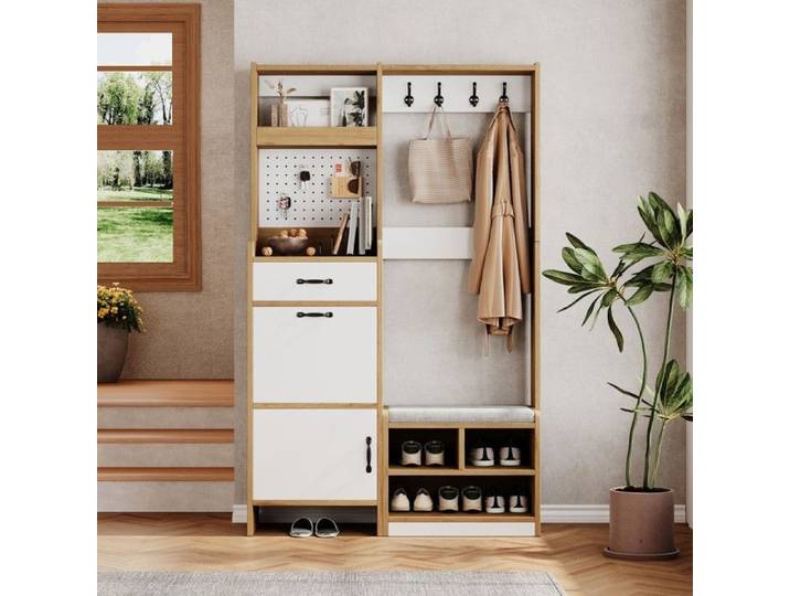 Meuble d'entrée avec banc à chaussures penderie tiroir compartiment abattant porte rangement ouvert chêne‑blanc 108 5x35x180cm