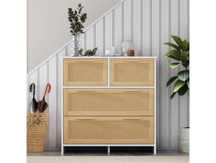 Commode - DREAMMESPACE - 4 Tiroirs - MDF + Bois Massif - Naturel + Blanc - 80xH80x38 cm