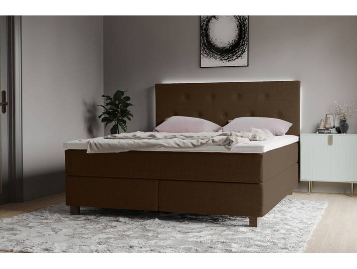Boxspringbett, 100% Polyester, Braun (Choco), 141×208 cm, Mit LED-Beleuchtung & Taschen-Federkernmatratze, Modern, Inosign