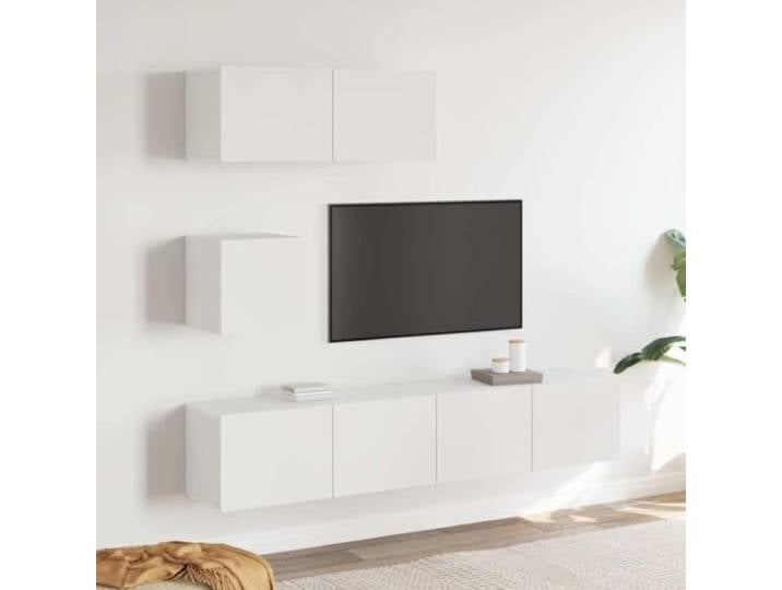 HEFZGDB 4-TLG. TV-Schrank-Set Weiß Holzwerkstoff mit Wandmontage und viel Stauraum für Multimedia Geräte und Bücher, modernes Design für Wohnzimmer