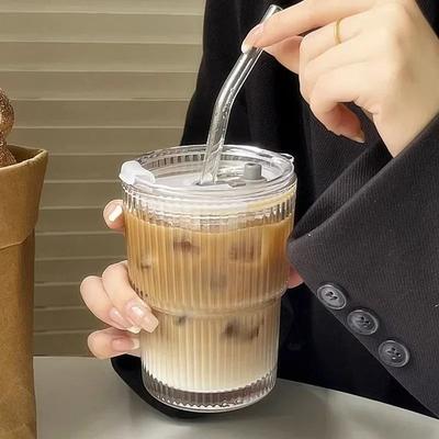 Inspired Finds Striped Glass Coffee Cup With Lid Straw Iced Drink Mug 20.3 Fl Oz 1 Pc