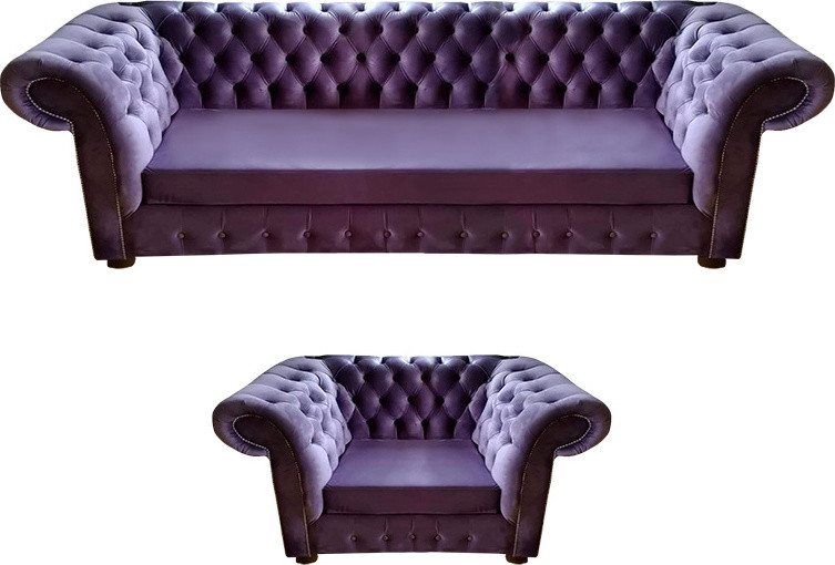 Lila Moderne Chesterfield Woonkamer Set met Driezitsbank en Fauteuil