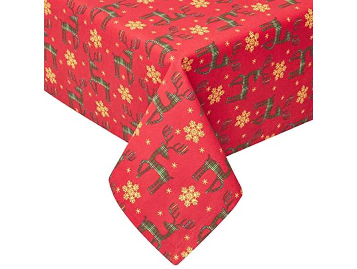 Homescapes Rote Weihnachtstischdecke Rentier 178x305 cm, Festliche Tischdecke rechteckig aus 100% Baumwolle, XXL Tischtuch rot mit Weihnachts-Motiv