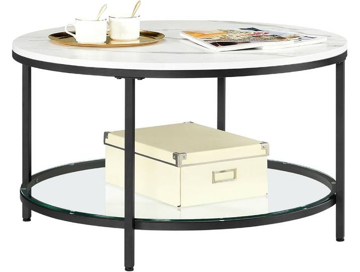 Couchtisch mit Glasplatte viel Stauraum marmorweiss